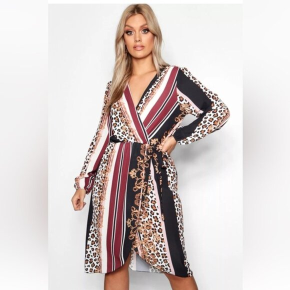 BOOHOO Faux Wrap Chain Mixed Print Dress Midi Lightweight V Neck Belt Plus Sz 20 - Picture 1 of 16